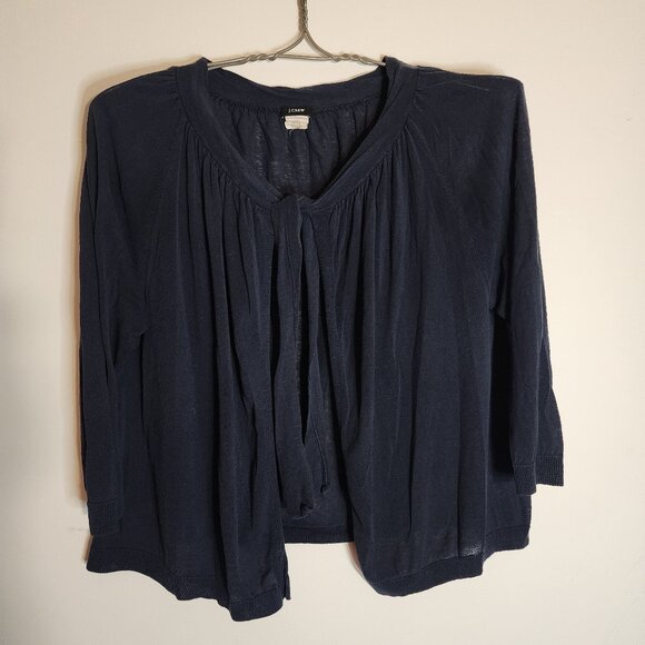 J Crew XL Tie front cardigan navy layering linen silk preppy school girl office - Picture 1 of 4